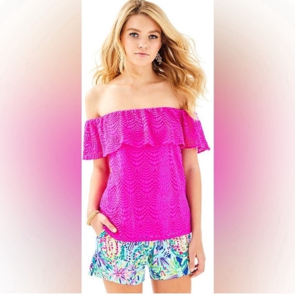 Lilly Pulitzer Pink La Fortuna Lace Top Small 25603 Soft Off the Shoulde… - Picture 13 of 14